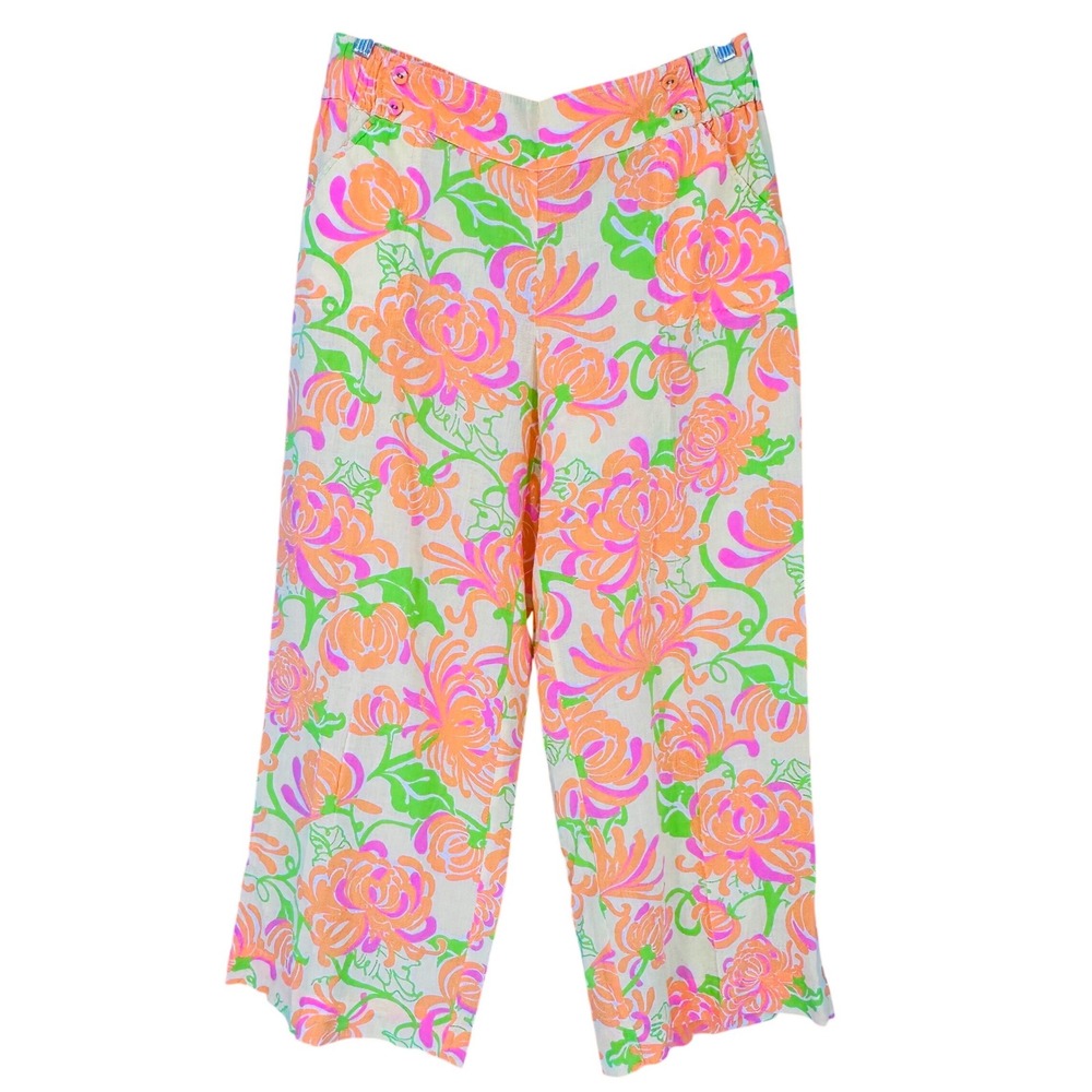Lilly Pulitzer Womens XL Bright Floral 100% Linen Wide Leg Pants Resort Luxury